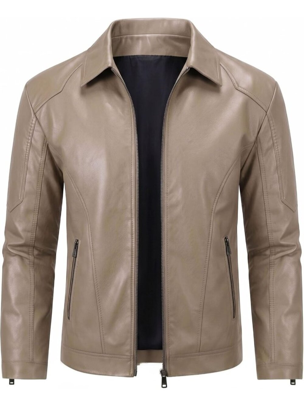 Men’s Khaki Faux Leather Motorcycle Biker Jacket Turn Down Collar Zip Front Coat
